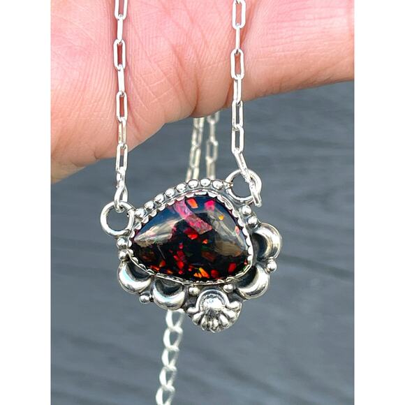 Red Fire Opal Sterling Silver Necklace 16-18” Artisan Southwest Boho Pendant - Picture 2 of 6